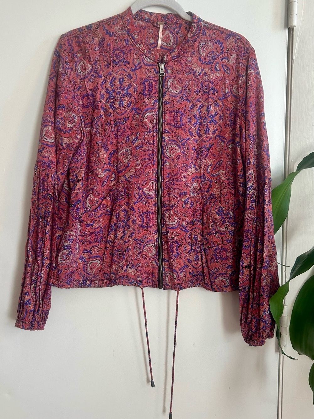 Free People Pink Paisley Zip-Front Bomber Jacket
